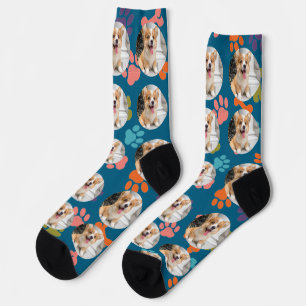 Cute Custom Pet Photo Socks with Colorful Paw Prin