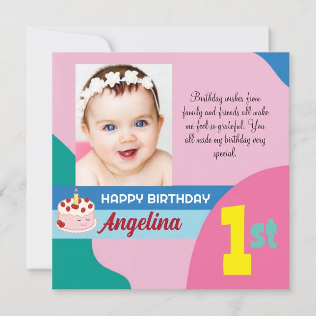 Cute Custom Photo 1st Birthday Flat Thank You Card (Front)