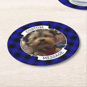Cute Custom Photo Frame Blue & Black Plaid Round Paper Coaster