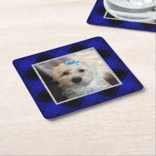 Cute Custom Photo Frame Classic Blue & Black Plaid Square Paper Coaster