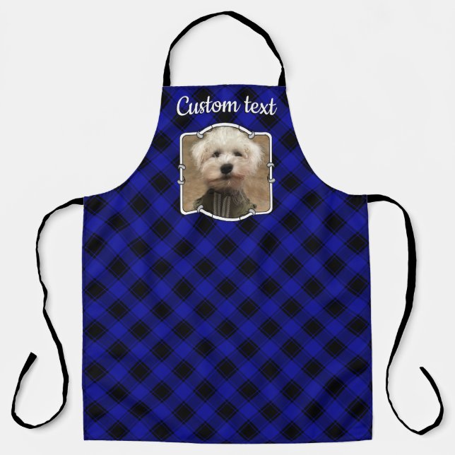 Cute Custom Photo Frame Dog Pet Blue & Black Plaid Apron (Front)