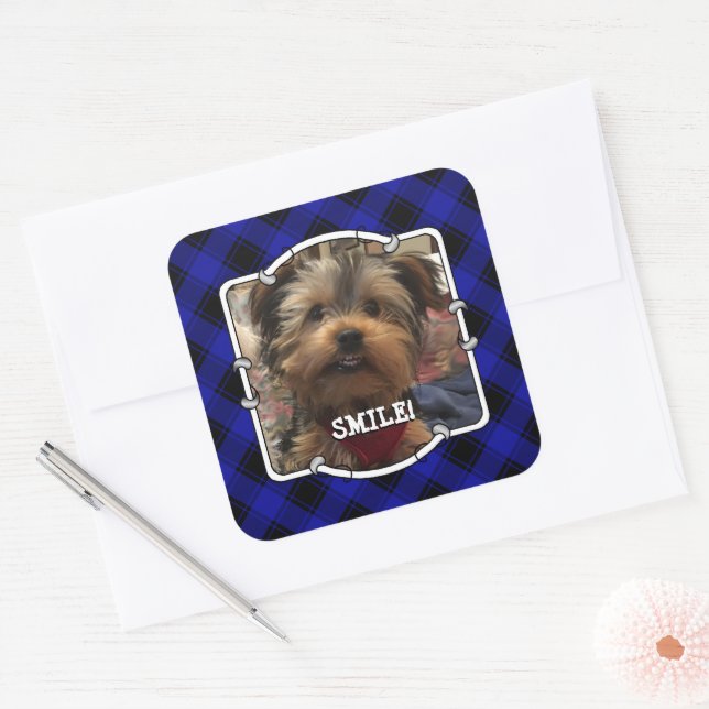 Cute Custom Photo Frame Pet Blue & Black Plaid Square Sticker (Envelope)