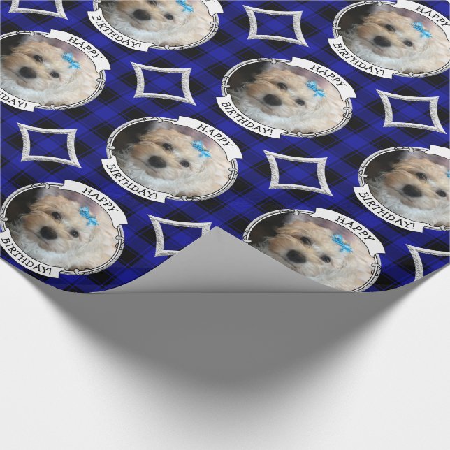 Cute Custom Photo Frame Pet Blue & Black Plaid Wrapping Paper (Corner)