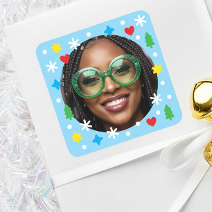 Cute Custom Photo Holiday Retro Blue Christmas Square Sticker