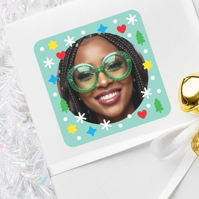 Cute Custom Photo Holiday Retro Green Christmas Square Sticker (Creator Uploaded)