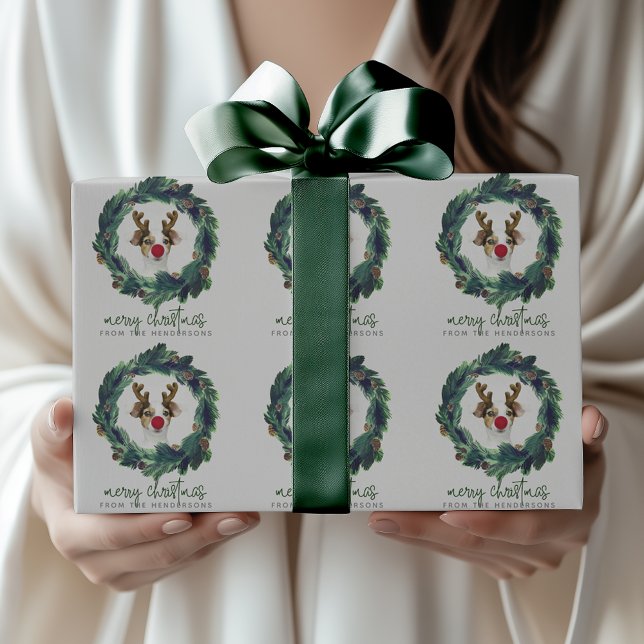 Cute Custom Photo & Text Christmas Wreath Wrapping Paper (Creator Uploaded)