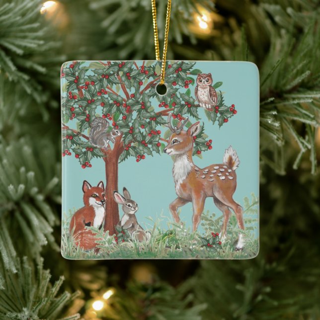 Cute Custom Photo, Woodland Baby Animals Holiday Ceramic Ornament (Tree)
