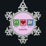 Cute Custom Pink Cow Snowflake Pewter Christmas Ornament<br><div class="desc">Pretty pink cow kids gift with a peace sign,  heart,  and a cute cow on a snowflake Christmas ornament. A great little girl gift for a child.</div>