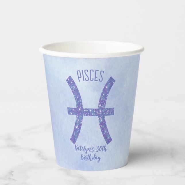 Cute Custom Pisces Sign Purple Birthday Party Paper Cups (Front)