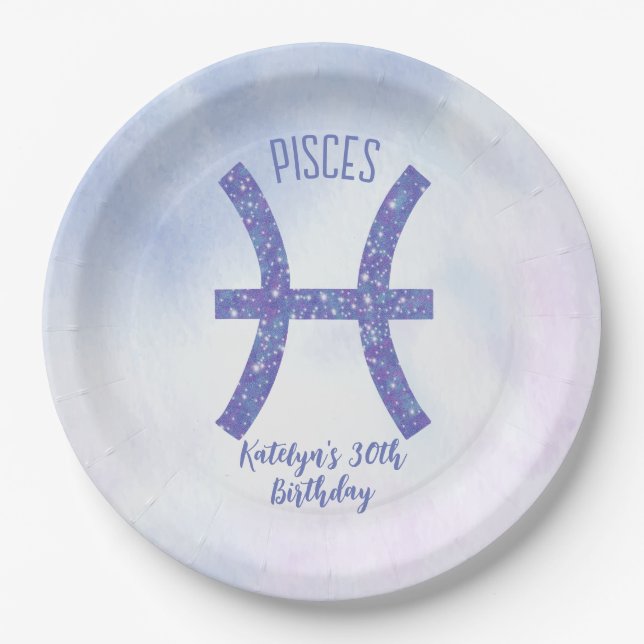 Cute Custom Pisces Sign Purple Birthday Party Paper Plate (Front)