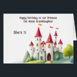 Cute Custom Princess Castle Photo Birthday Card<br><div class="desc">A fairytale-worthy birthday card fit for a royal celebration! Featuring a charming castle illustration and space to personalise both the relationship (like “Great Granddaughter”) and the child’s age on the front, this card is perfect for making a little princess feel extra special. Inside, upload your own photo and edit the...</div>