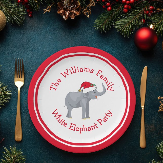 Cute Custom Red Christmas White Elephant Party Paper Plate (Creator Uploaded)