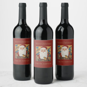 Cute Custom Rich Red Santa Claus Bluebirds Wine Label