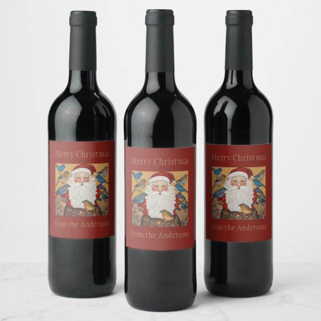 Cute Custom Rich Red Santa Claus Bluebirds  Wine Label (Bottles)