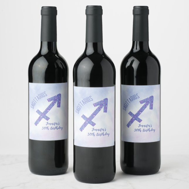 Cute Custom Sagittarius Purple Birthday Party Wine Label (Bottles)