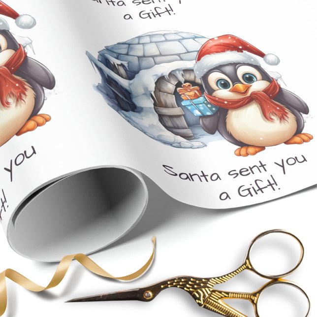 Cute Custom Santa Hat Penguin Snow Kids Christmas Wrapping Paper (Creator Uploaded)