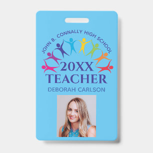 Cute Custom School Teacher Rainbow Name Blue ID Badge
