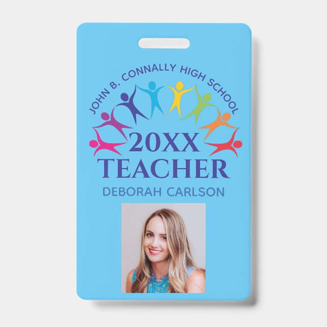 Cute Custom School Teacher Rainbow Name Blue ID Badge (Front)