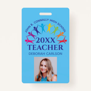Cute Custom School Teacher Rainbow Name Blue ID Badge