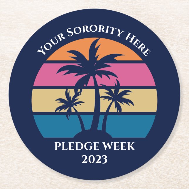 Cute Custom Sorority Pledge Week Beach Party Blue Round Paper Coaster (Front)