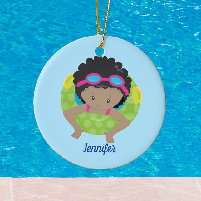 Cute Custom Swim Team African American Girl Ceramic Tree Decoration (Creator Uploaded)