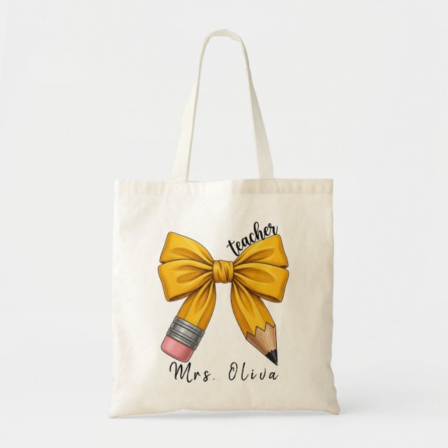 Cute Custom Teacher Pencil Bow Appreciation Gift Tote Bag (Front)