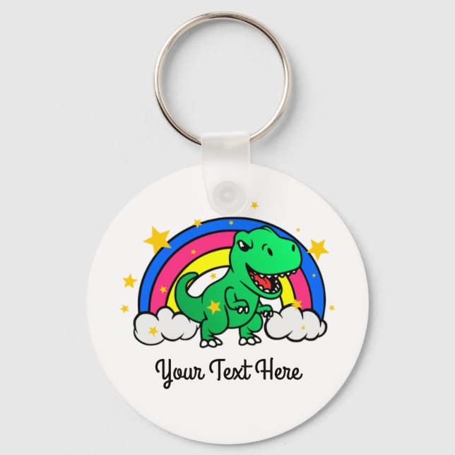 Cute Custom Text Green Dinosaur Rainbow Key Ring (Front)