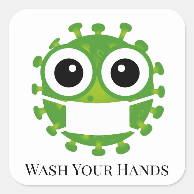 Cute Custom Text Green Virus Germ Emoji Wash Hands Square Sticker (Front)