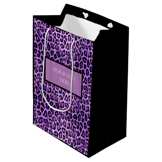 Cute Custom Text Purple Leopard Animal Print Party Medium Gift Bag (Front Angled)