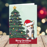 Cute Custom Tricolor Corgi in Santa Hat Christmas Holiday Card<br><div class="desc">This beautiful tricolor Pembroke Welsh Corgi dog has their head tilted inside of a cute Santa Claus hat. The pup is sitting in front of a pretty Christmas tree decorated with colourful ornaments. Merry Christmas is written on the front in lovely cursive on this pet owner holiday card with a...</div>