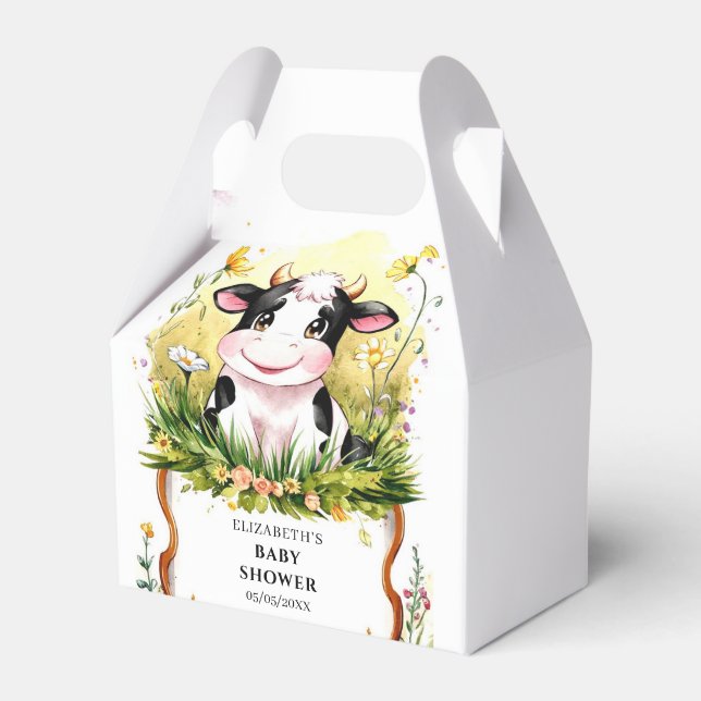 Cute Custom Watercolor Cow Baby Shower Favour Box (Front Side)