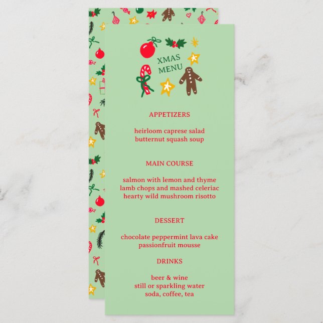 Cute CUSTOM XMAS Christmas Holiday Dinner Party Menu (Front/Back)