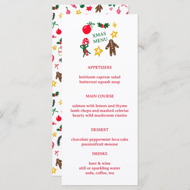 Cute CUSTOM XMAS Christmas Holiday Dinner Party Menu (Front/Back)