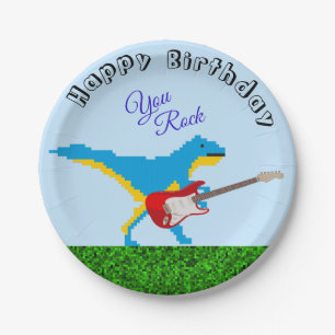 Cute Custom You Rock Dinosaur Birthday Boy Pixel Paper Plate
