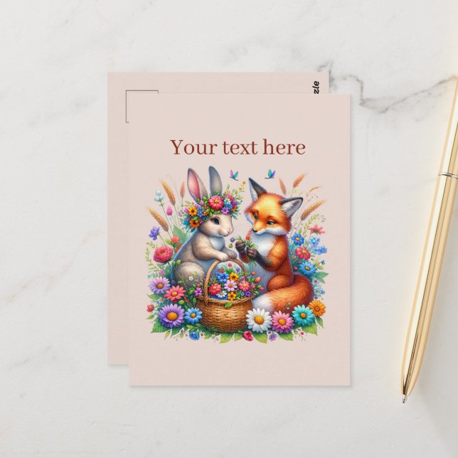 Cute customisable animal lovers fox bunny  postcard (Front/Back In Situ)