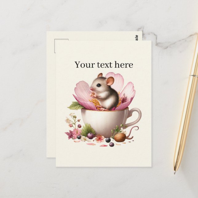 Cute customisable animal lovers teacup mouse postcard (Front/Back In Situ)