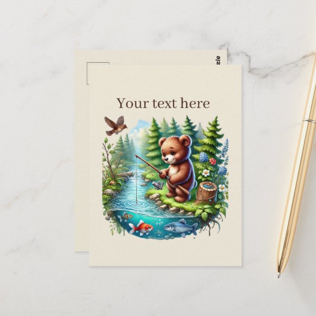 Cute customisable fishing bear postcard (Front/Back In Situ)