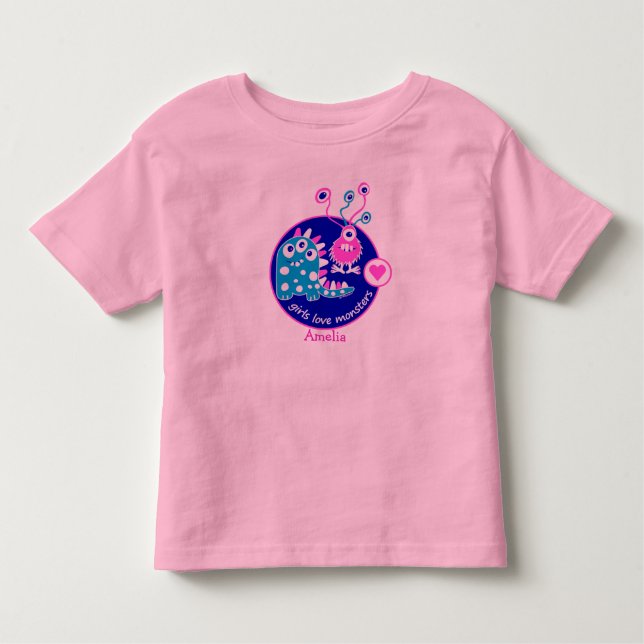 Cute Customisable Funny Little Pink Girl Monsters Toddler T-Shirt (Front)