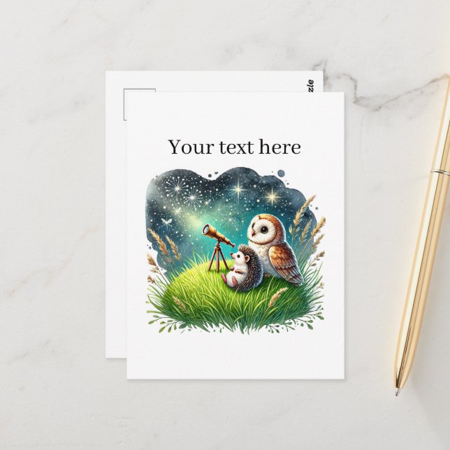 Cute customisable mixed animals star gazing postcard (Front/Back In Situ)