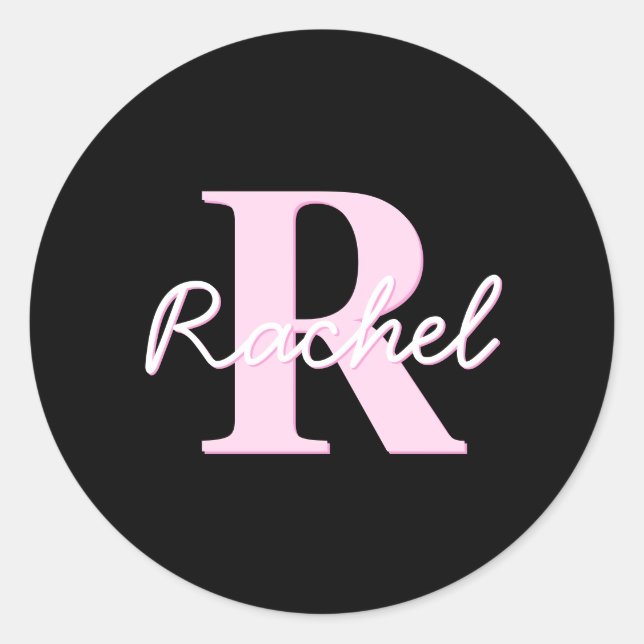 Cute Customisable Monogram | Light Pink & Black Classic Round Sticker (Front)
