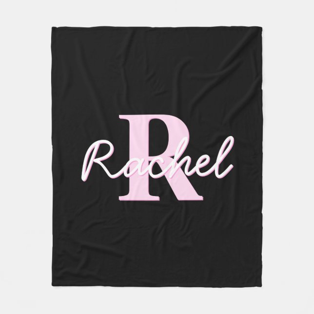Cute Customisable Monogram | Light Pink & Black Fleece Blanket (Front)