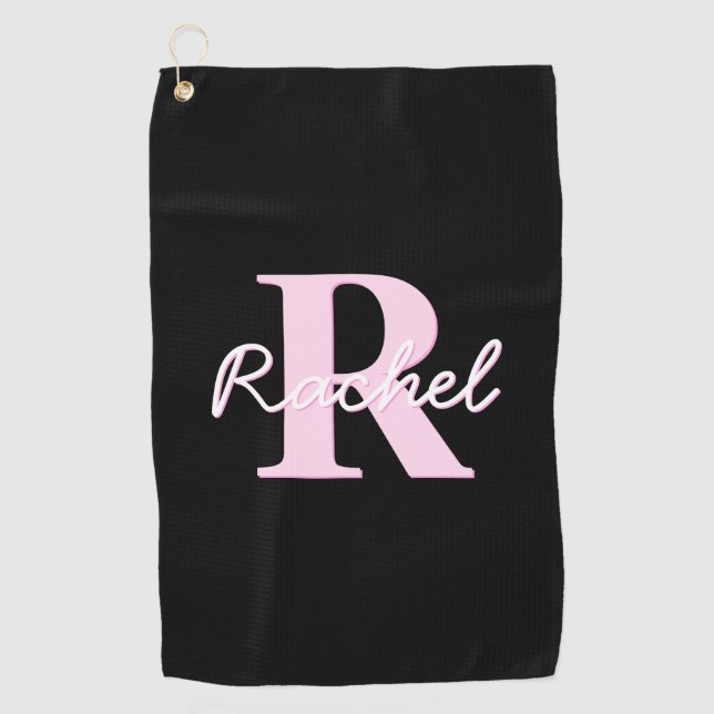 Cute Customisable Monogram | Light Pink & Black Golf Towel (Front)