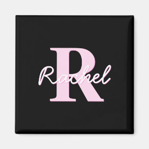 Cute Customisable Monogram Light Pink & Black Magnet