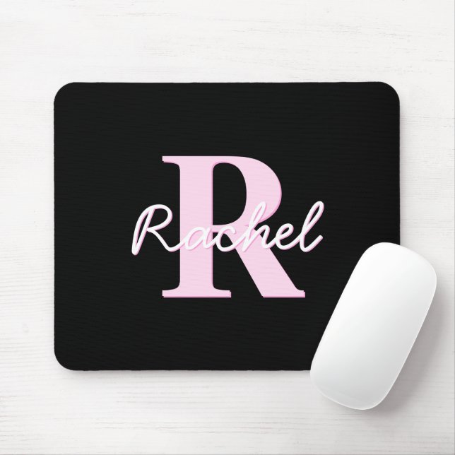 Cute Customisable Monogram | Light Pink & Black Mouse Pad (With Mouse)