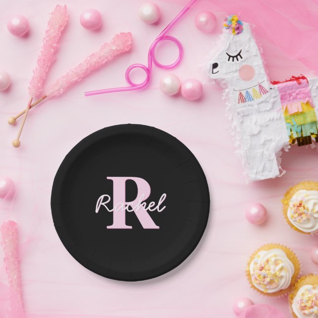 Cute Customisable Monogram | Light Pink & Black Paper Plate (Party)