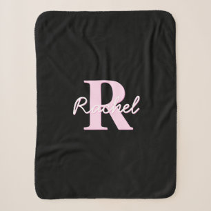 Cute Customisable Monogram Light Pink & Black Sherpa Blanket