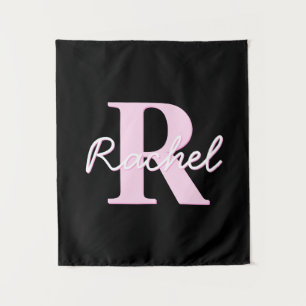 Cute Customisable Monogram Light Pink & Black Tapestry
