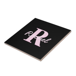 Cute Customisable Monogram Light Pink & Black Tile