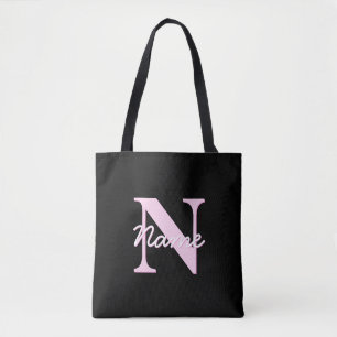 Cute Customisable Monogram Light Pink & Black Tote Bag