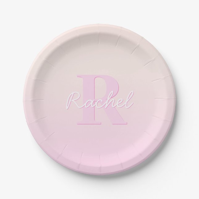 Cute Customisable Monogram | Peach & Pink Ombre Paper Plate (Front)